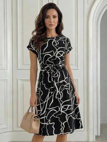 Miaspire Vestido casual con mangas de murciélago, estampado gráfico y cinturón para mujeres en primavera y verano - Blanco y Negro - Ver 4