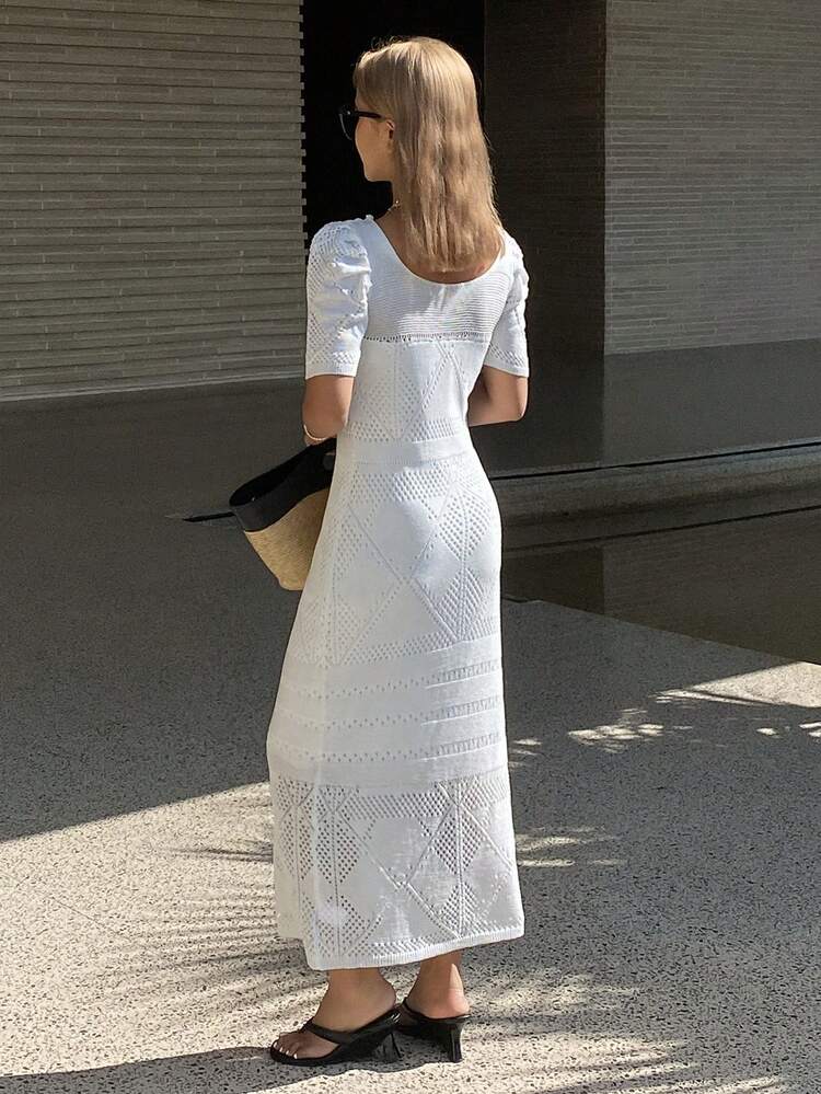 Women's Elegant Solid Color Petal Sleeve Knit Dress, Summer Maxi Dress