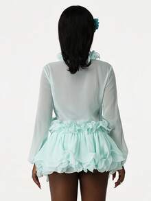 Amplova Conjunto de 2 piezas con cuello y dobladillo floral verde para fiesta de cumpleaños, reunión de jardín romántico de primavera o vacaciones en la playa - Verde - Ver 4