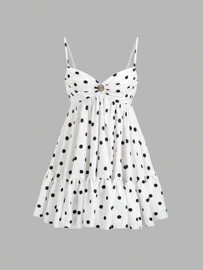 Sweetra Vestido de lunares para mujer con volantes en el bajo y tirantes finos