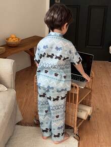 DAZY Tween Boy Dog Print Single-Breasted Short Sleeve Top And Pants Casual Loungewear Pajama Set - Blue - View 2