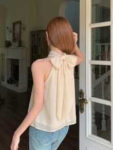 SHEIN 少女优雅甜美粉色雪纺露背吊带上衣，装饰蝴蝶结露背衬衫 - 米色 - 查看 5