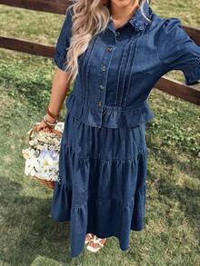 Breezaya 女士荷叶边优雅度假风水洗蓝牛仔衬衫 - 深色水洗藍 - 查看 3