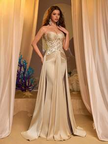 Glamrae 优雅奢华露肩无肩带珠绣束身胸衣奶油色缎面褶裥鱼尾裙摆礼服，适合节日、婚礼、晚宴、音乐会、商务活动和社交媒体达人活动。 - 卡其色 - 查看 1