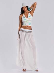 ROMWE Seaside Vacation Starfish & Shell Embroidered Knit Halter Top - Beige - View 2