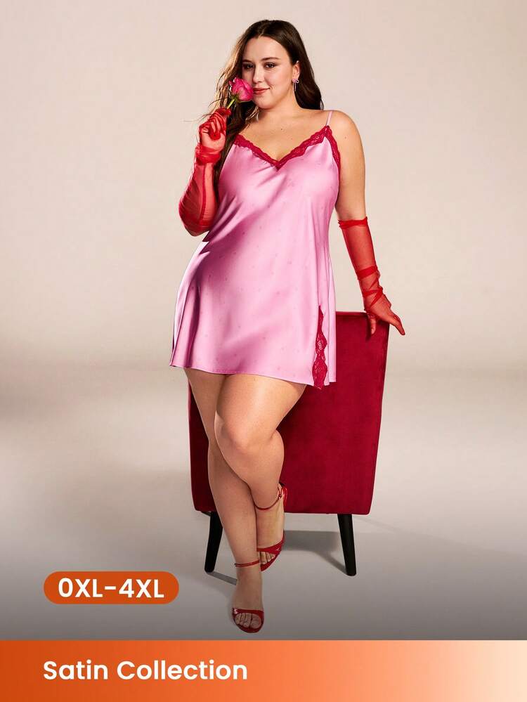 Sommer Große Größen Sexy Seidige Satin Luxuriöse Spitzenborte Rosa V-Ausschnitt Träger Camisole Loungewear Slip Kleid Luftiges Nachthemd Wäsche Valentinstag Geschenke Pyjama Hochzeitsartikel