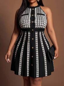 Slaydiva 大码女装春夏新款吊带千鸟格拼接单排扣时尚别致约会派对连衣裙 曲线加大码连衣裙 千鸟格连衣裙 - 黑與白 - 查看 12