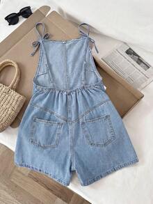 Comfortcana 女士休闲宽松蝴蝶结装饰牛仔连体衣 - 藍色 - 查看 2