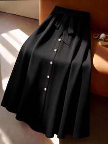 GlowEve CURVE Plus Size Women's Solid Color Fashionable Versatile Long A-Line High Waist Skirt - Black - View 1