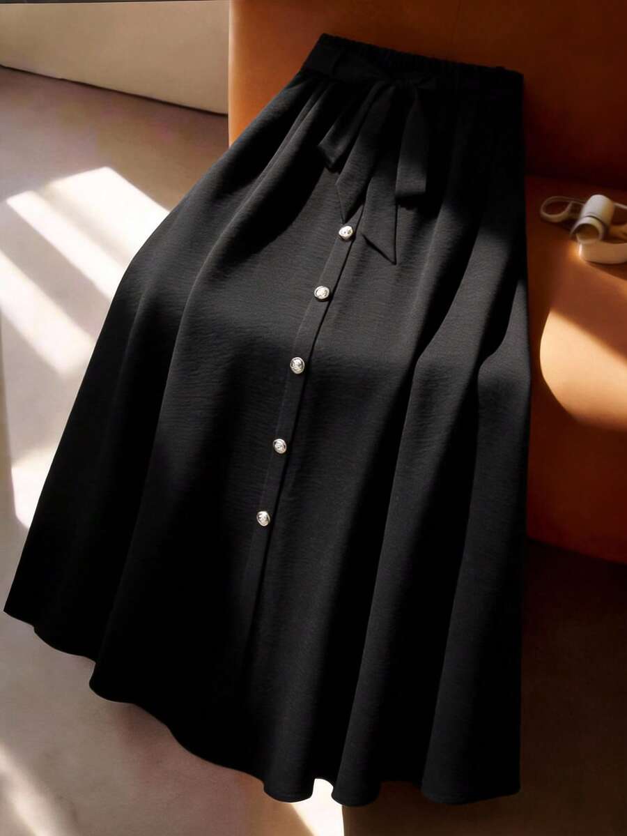 GlowEve CURVE Plus Size Women's Solid Color Fashionable Versatile Long A-Line High Waist Skirt - Black - View 1
