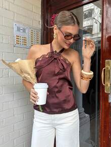 Serisse Women's Contrast Lace Tie Front Halter Neck Blouse - Brown - View 3