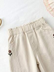 LMoss Kids 女婴花卉刺绣宽松锥形卡其色牛仔裤 - 杏色 - 查看 9