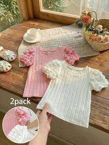 SHEIN 2pcs Cute Casual Solid Color Bubble Short Sleeve Knit Tops, "Babygirl" - Multicolor - View 9