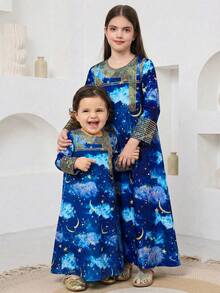 SHEIN Tween Girls' Casual Round Neck Long Sleeve Dress - Navy Blue - View 8