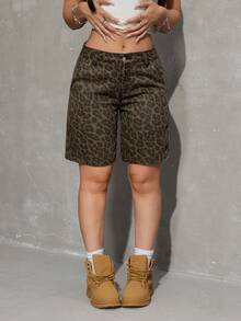 SHEIN PETITE Women's Leopard Print Slant Pocket Casual Wide Leg Denim Shorts - Brown - View 1