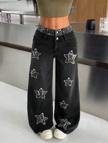 SHEIN PETITE Summer Streetwear Y2K Party Casual Vacation Women's Patchwork Leopard Print & Star Applique Pocket Wide Leg Loose Casual Black Denim Jeans , Petite Women - Black - View 5