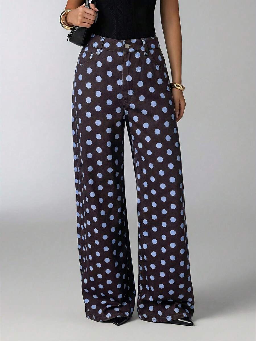 Aloruh Quần jeans nữ dáng rộng, họa tiết chấm bi, có túi, kiểu dáng thường ngày. - Màu xanh lam - Xem 1