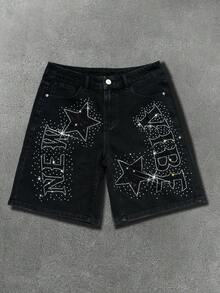 Manfinity EMRG Men's Hiphop Street Fashion Star Rhinestone Club Washed Black Denim Shorts - Black - View 3