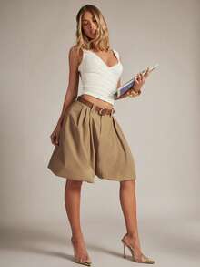 Hauture 女士长款短款连衣裙，下摆饰有褶皱泡泡边 - 卡其色 - 查看 1