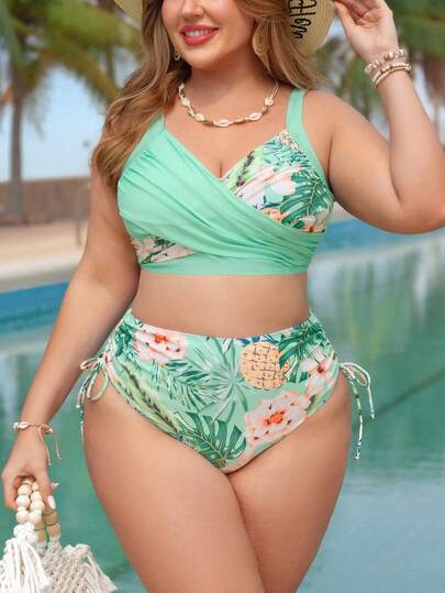 Swim Lushoire Conjunto de bikini de 2 piezas con estampado tropical de piña y floral, escote cruzado y cintura alta para mujer talla grande, para playa y vacaciones