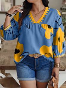 SHEIN LUNE Plus Size Casual Vacation Random Floral Print Shirt - Multicolor - View 3
