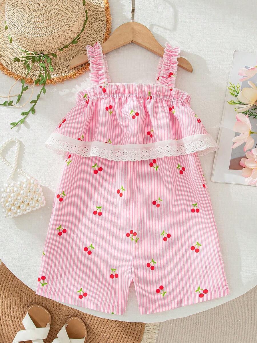 SHEIN 1件装少女夏季新款露肩无袖荷叶边连体裤，樱桃条纹印花面料，简约复古休闲度假装 - 粉色 - 查看 1