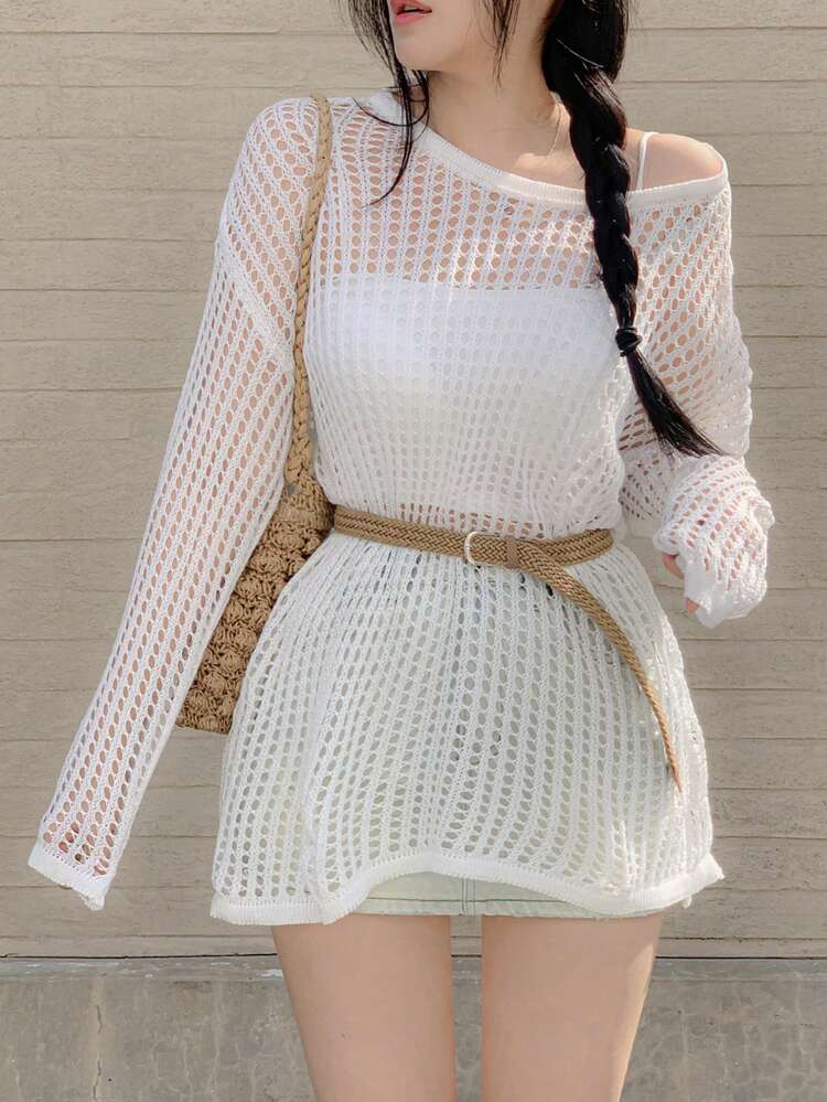 Bohemian Style Hollow Out Long Sleeve Knitted Cover Up, Design-Focused Women Sweater