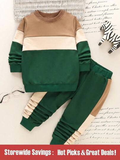 SHEIN Young Boy Colorblock Sweatshirt & Sweatpants