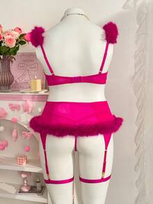 PetitDoll 5件套可爱毛绒网纱蝴蝶结缎带性感内衣套装 - 玫紅色 - 查看 2