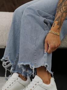 SAYEHFBABY 女式口袋做旧磨边锥形休闲牛仔裤 - 淺色水洗藍 - 查看 3