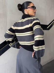 Marta Soriano Women's Casual Striped Turtleneck Sweater, Autumn - Grey - View 2