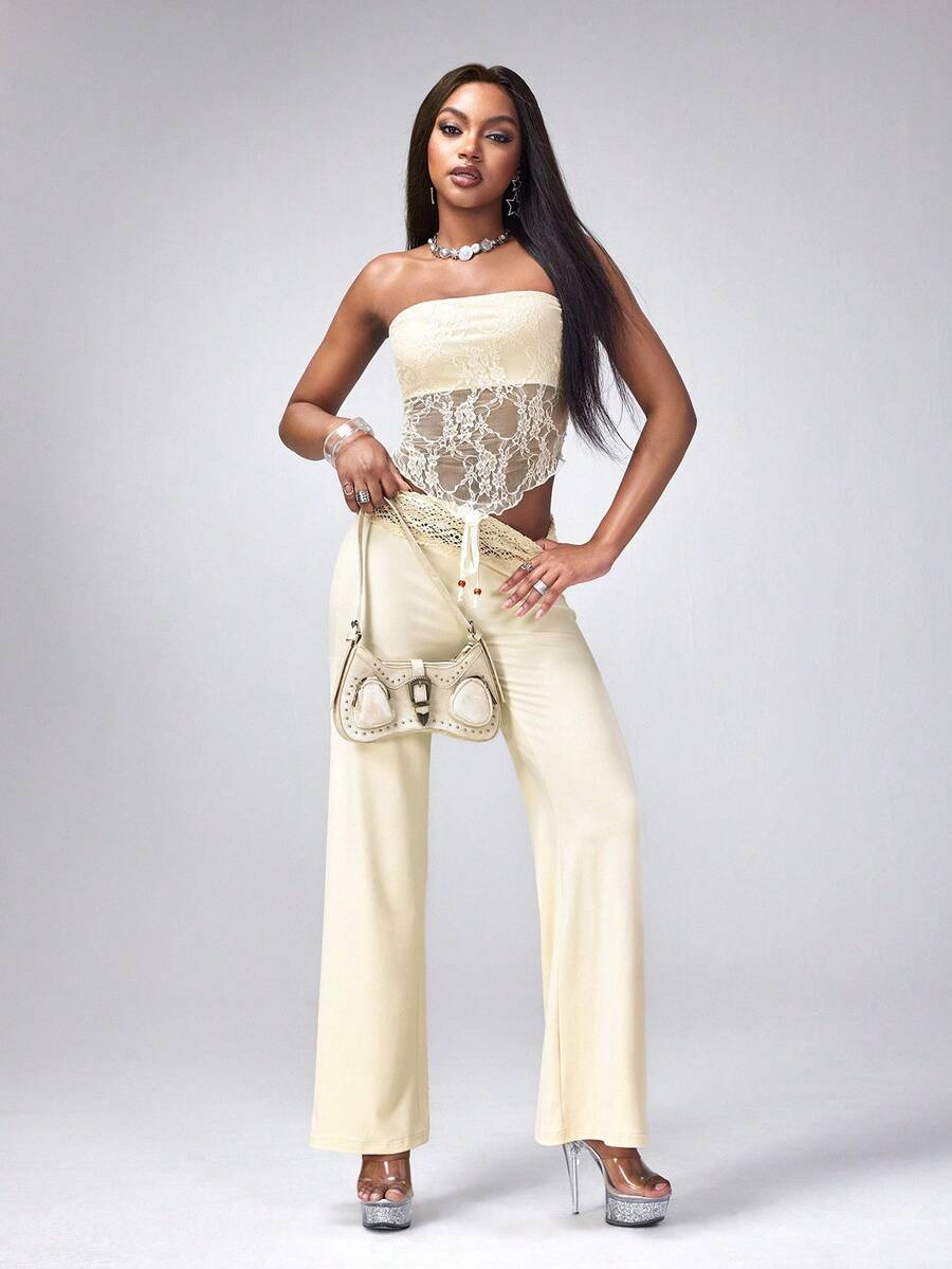 Y2Kool BiGraphic 杏色针织腰带蕾丝串珠抽绳Y2K休闲女式直筒宽松裤，适合春夏派对、假日、海滩度假和日常穿着。 - 杏色 - 查看 1