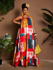 Maweii Đầm đi biển dáng suông cao cấp dành cho nữ cỡ lớn, thiết kế thanh lịch, tôn dáng, đa năng, thắt eo, chân váy xòe, vải in họa tiết phối màu. - Nhiều màu - Xem 1