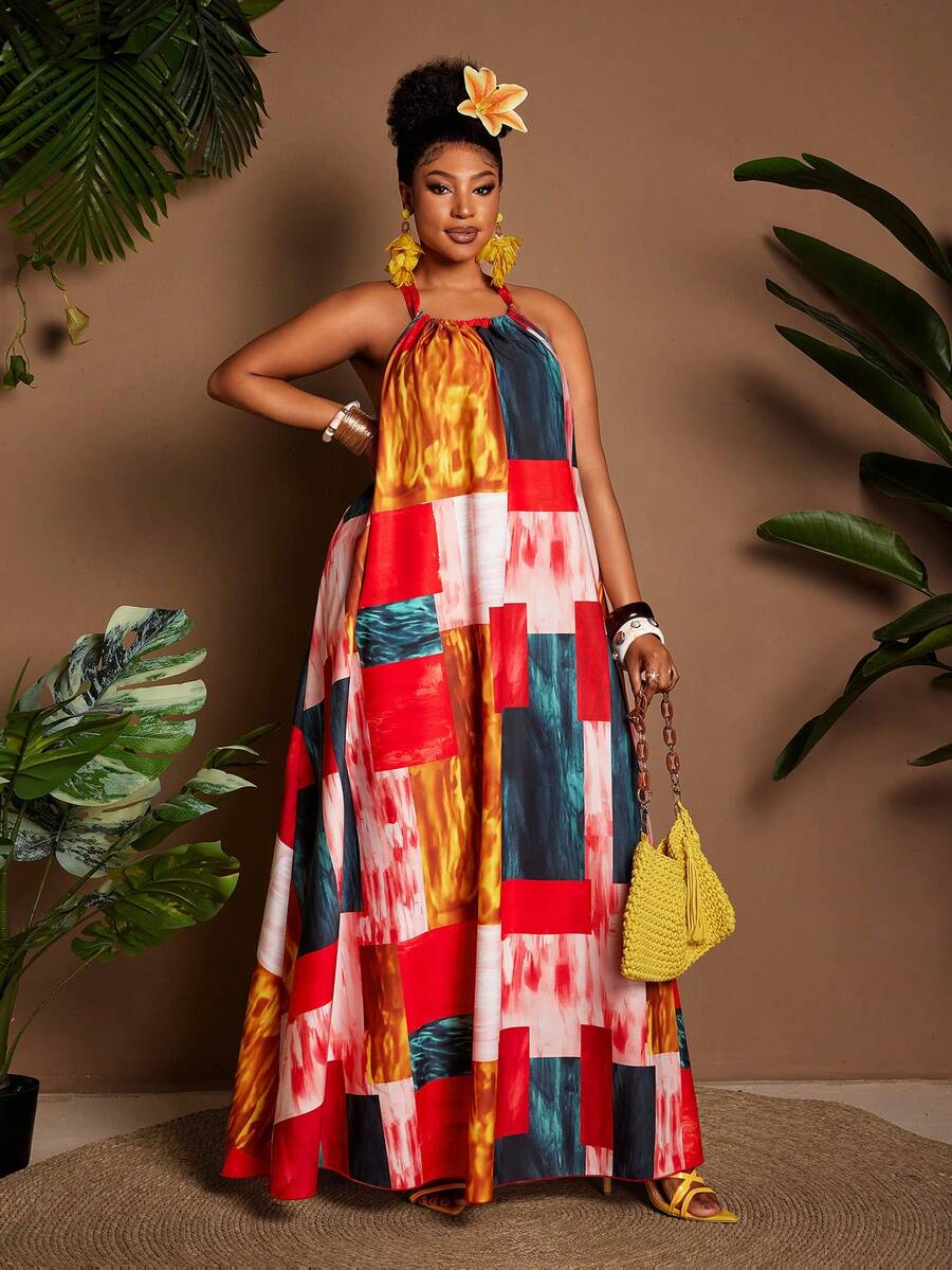 Maweii Đầm đi biển dáng suông cao cấp dành cho nữ cỡ lớn, thiết kế thanh lịch, tôn dáng, đa năng, thắt eo, chân váy xòe, vải in họa tiết phối màu. - Nhiều màu - Xem 1