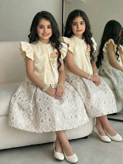 Tween Girl Round Neck Ruffle Sleeve Floral Decor Shirt And Pleated Skirt Fashion Set