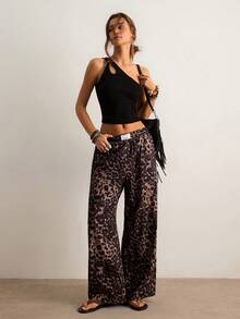 Freevana Women Leopard Print Letter Applique Pocket Wide Leg Casual Pants Boho For Leapord Animal - Brown - View 5