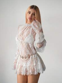 Sweetina 女士白色假日度假性感外出音乐会花卉蕾丝插肩喇叭袖性感透视迷你连衣裙，夏季 - 白色 - 查看 1