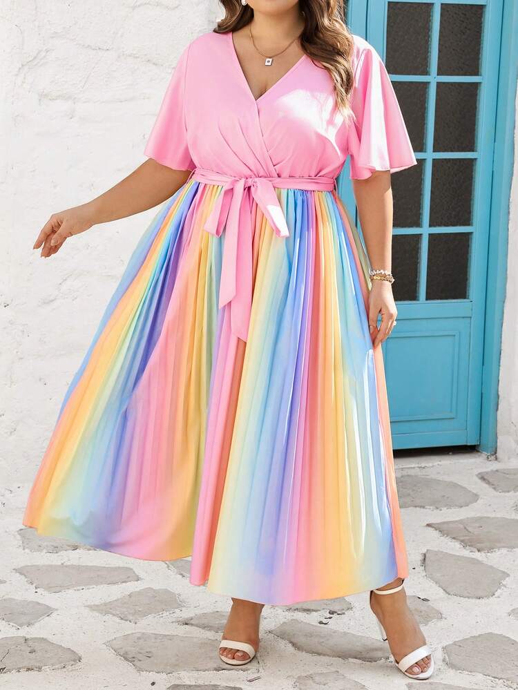 rainbow pleated maxi dress 1970s Rainbow Pleated Strapless Maxi Dress