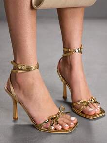 CUCCOO SZL Women's Square Toe Rhinestone Ankle Strap Sandals For Christmas - Gold - View 1