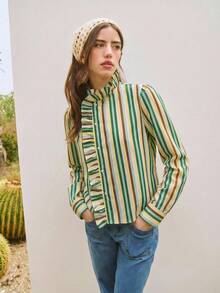 Nöista Blusa a rayas, rayas multicolor verticales, cierre con botones, detalle de volantes, cuello alto, mangas largas con puños, ropa de oficina, primavera verano, atuendos de cumpleaños para un look. - Multicolor - Ver 4