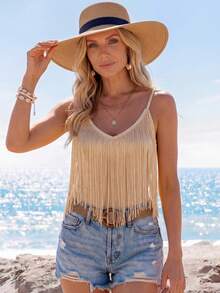 SHEIN LUNE Top Ajustado De Cuerpo Con Flecos Sólidos Para Mujeres, Escote En V Y Estilo De Cami Para Playa De Verano - Albaricoque - Ver 4