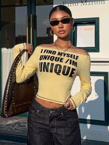 Muchica 女士黄色针织印花露肩T恤 - 黃色 - 查看 6