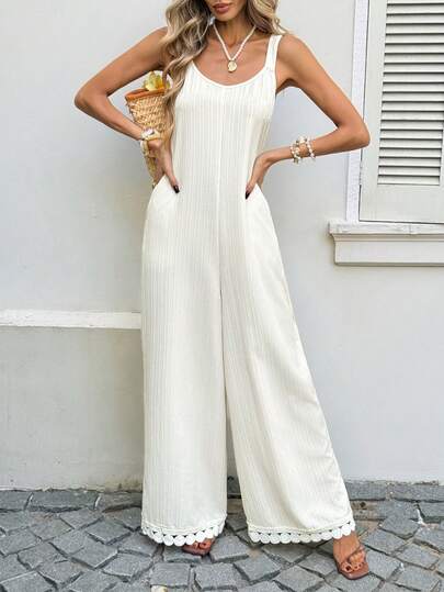 SHEIN LUNE Mono informal de mujer de pierna ancha de unicolor con volante en el bajo