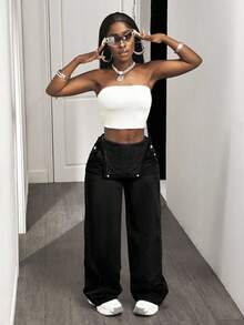 Slaydiva Pantalones peto vaqueros de corte holgado para mujer - Negro - Ver 5