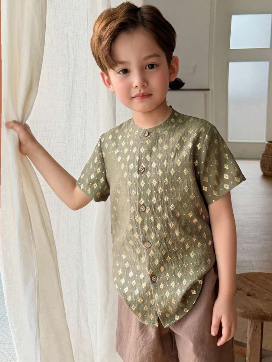 DAZY Young Boy Geometric Pattern Short Sleeve Single-Breasted Casual Shirt - Green - View 1
