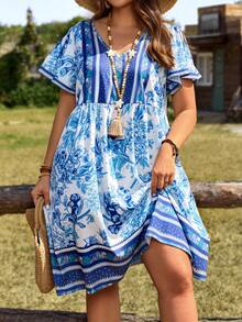 EMERY ROSE 大码女式碎花V领荷叶边短袖休闲连衣裙 - 彩色 - 查看 7