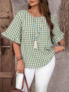 EMERY ROSE Plus Size Casual Plaid Ruffle Sleeve Shirt - Green - View 6