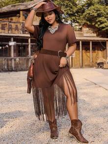 Nubod Vestido holgado, cómodo y romántico de estilo boho chic para mujer talla grande, con parches tejidos y flecos, cintura elástica, corte evasé, adecuado para primavera y verano, ideal para la playa y los viajes. - Marrón - Ver 1