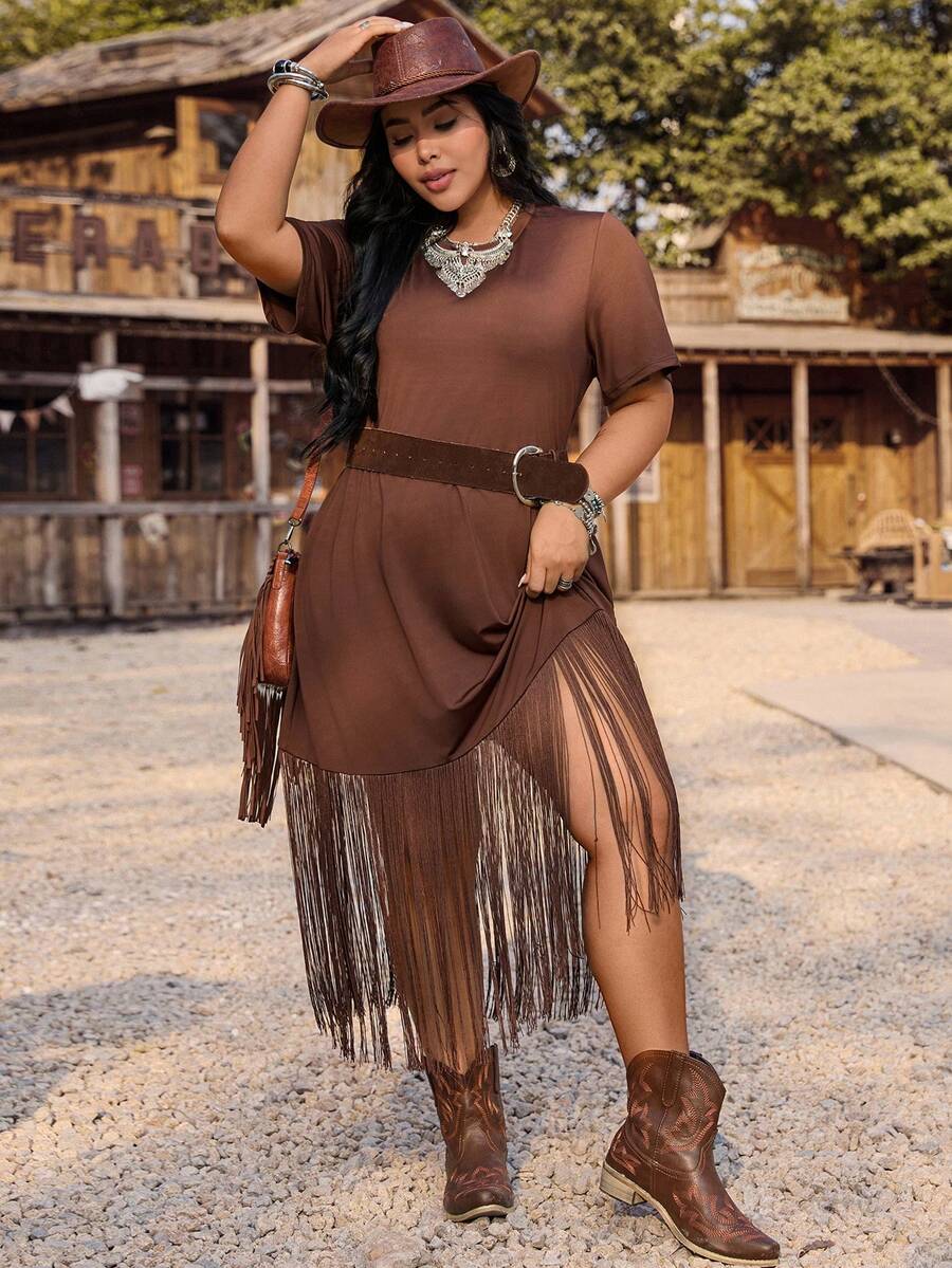 Nubod Vestido holgado, cómodo y romántico de estilo boho chic para mujer talla grande, con parches tejidos y flecos, cintura elástica, corte evasé, adecuado para primavera y verano, ideal para la playa y los viajes. - Marrón - Ver 1