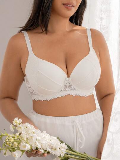 DesireSculpt 1pc Plus Size Smooth Lace Patchwork Comfortable Underwire Bra Wedding